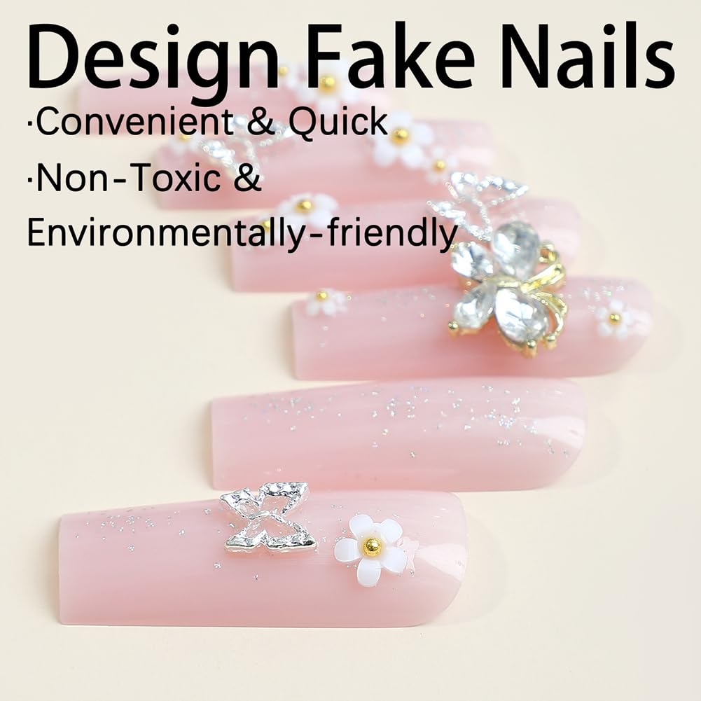 3D Butterfly Glitter Flower Long Coffin Press-On Acrylic False Nails - Free Shipping