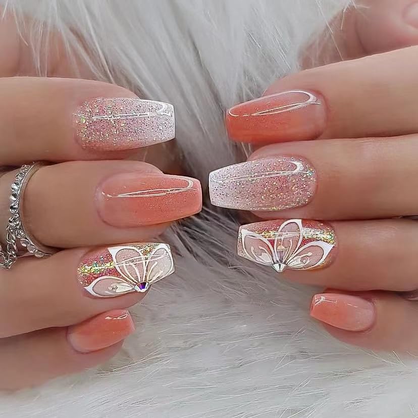 Glamorous Rhinestone Flower Coffin Press-On Nails Acrylic False Nails - Free Shipping