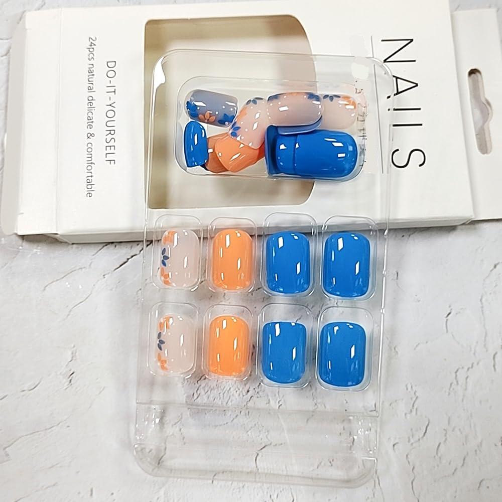 Vibrant Floral Blue Orange Press-On Nails Short Square Acrylic False Nails - Free Shipping