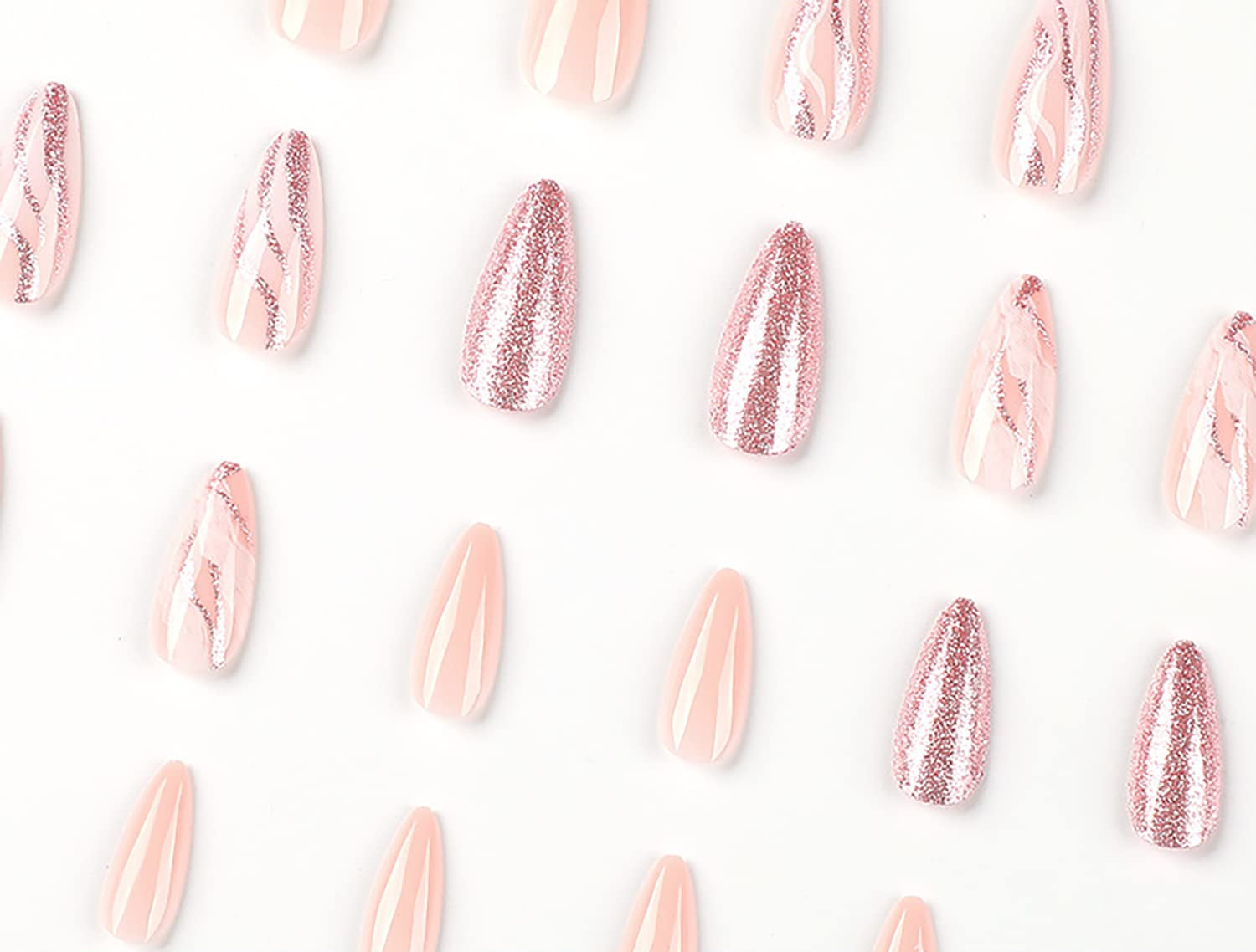 Medium Almond Tip Press on Nails Nails Artificial Acrylic Fake Nails with Pink Glitter Powder Designs, 24Pcs Full Cover Reusable Coffin False Nails Set Women Glue on Nails Stick on Nails for Nail Art