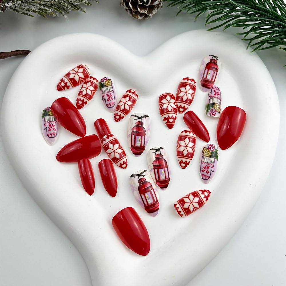 Holiday Red White Snowflake Glove Candle Light Christmas Press-On Nails Acrylic False Nails-Free Shipping