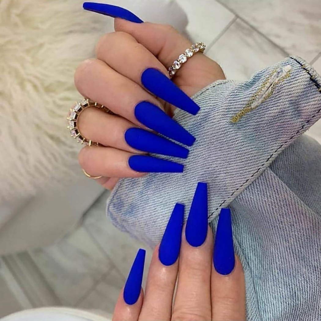 Blue Matte Long Coffin Press-On Nails Acrylic Full Cover Fake Nails – Free Shipping