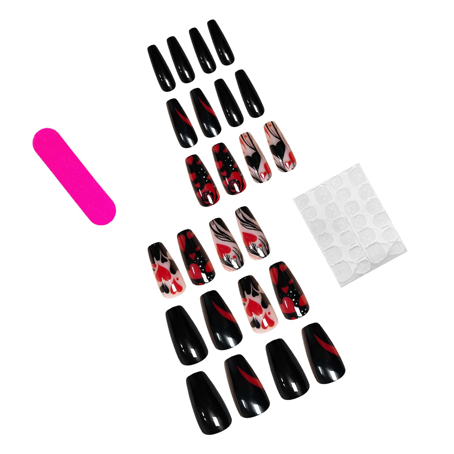 Valentines Press on Nails Medium Coffin Fake Nails Black False Nails with Red Heart Rose Designs Glossy Acrylic Nails Cute Valentines Day Glue on Nails Medium Length Artificial Nails for Women