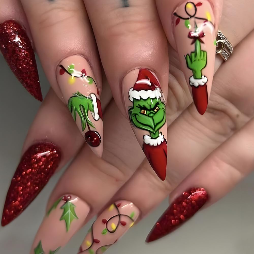 Red Glitter Grinch Christmas Press-On Stiletto Nails Acrylic Holiday Nails - Free Shipping