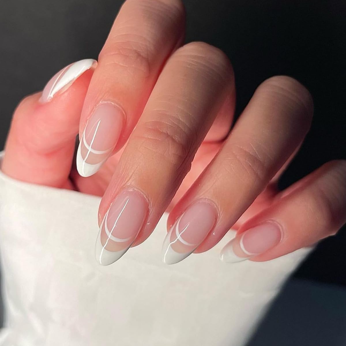 White Abstract Pink Almond French Press-On Nails Fake Acrylic Gel on Nails - Free Shipping