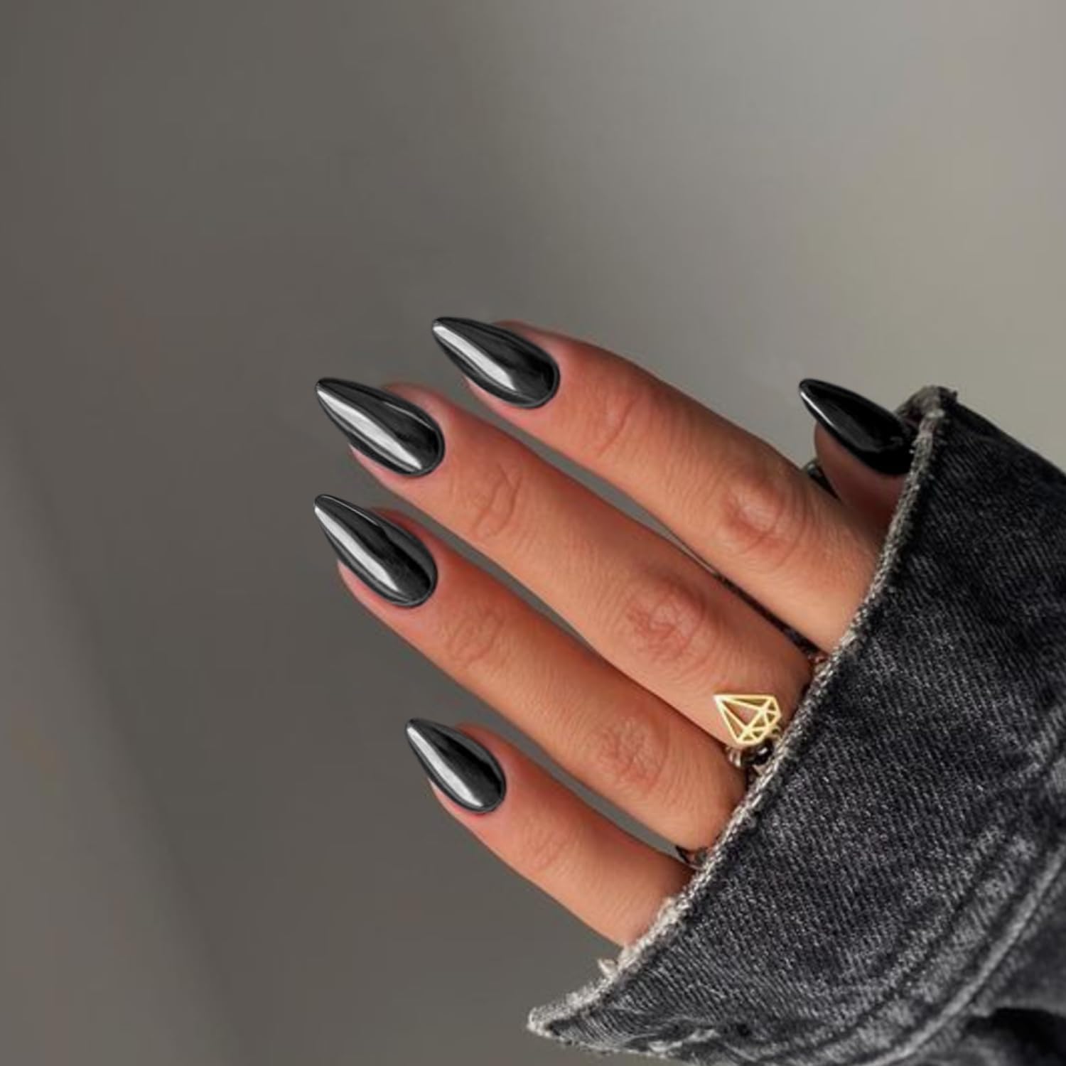 Black Chrome Metal Press-On Nails Almond False Nails - Free Shipping