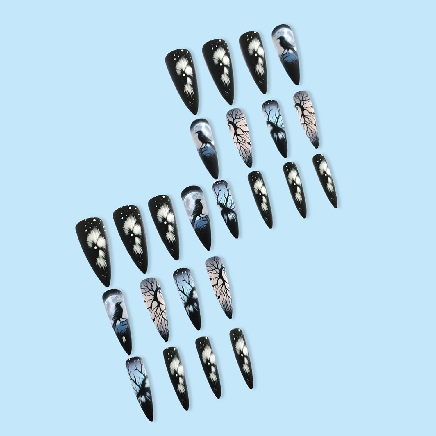 24Pcs Stiletto Press on Nails with Designs, Summer Fake Nails Full Cover Glue on Nails Long Acrylic Nails Press on Black False Nails Reusable Artificial Stick on Nails for Women Nail Decorations