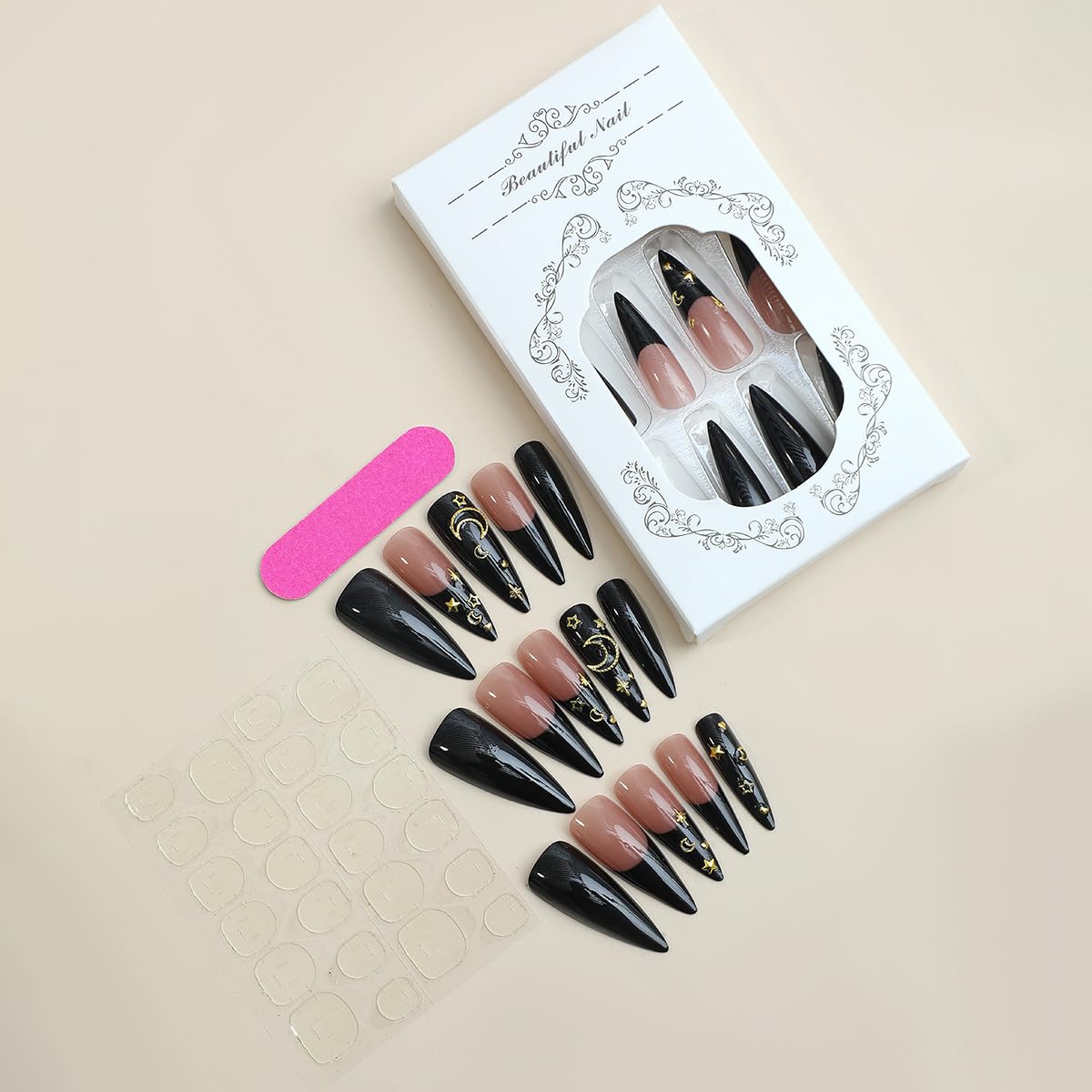 Stiletto Moon Star French Press on Nails Long-Free Shipping - Lady Luana Luxe Nails