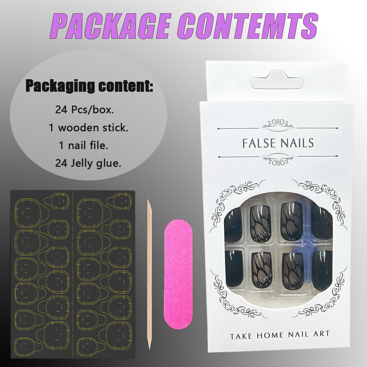 Black Rhinestones Press-On Nails Set-Medium Length, Square Shape, Reusable Acrylic False Nails-Free Shipping