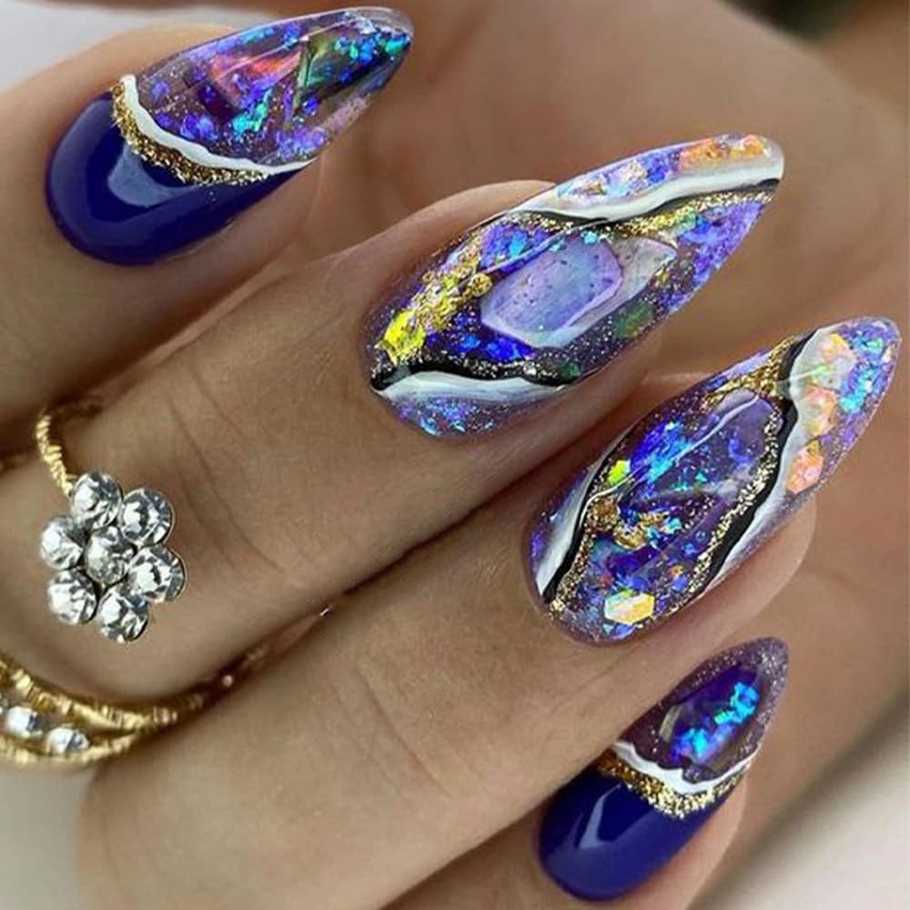 Gold Foil Almond Press-On Fake Nails – 24Pcs Glossy Star Sky Design-Free Shipping
