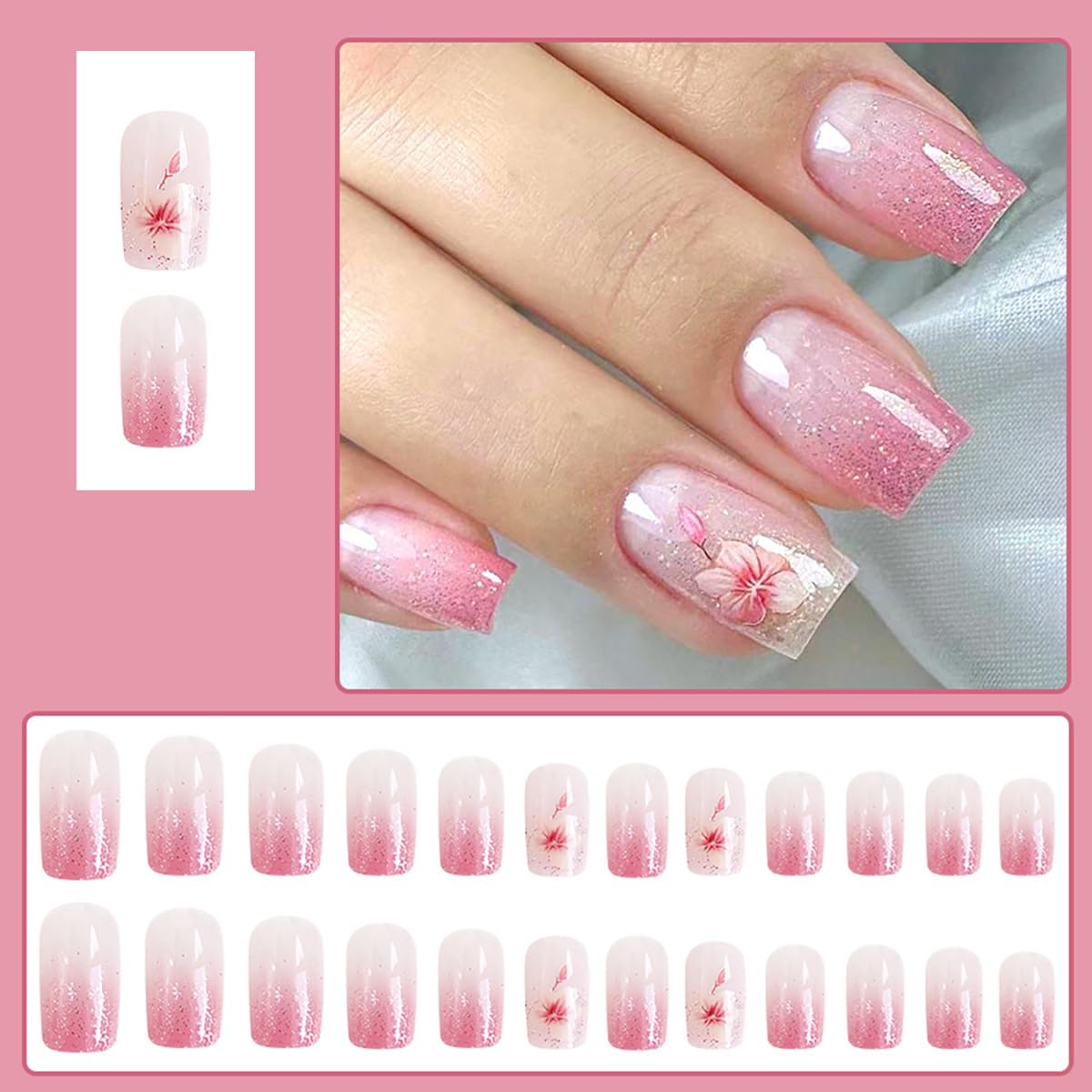 Bee Tulip Floral Press-On Nails Set-Medium Length, Square Shape, Reusable Acrylic False Nails-Free Shipping