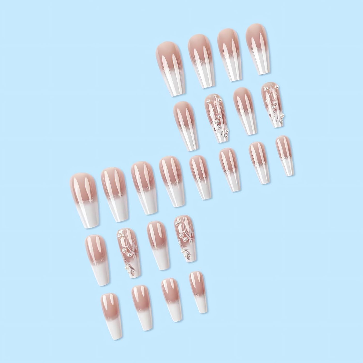 24Pcs Long Coffin White French Tip Press on Nails Glossy Finish Fake Nails with White Pearls and Flowers Design Cute Acrylic False Nails Full Cover Glue on Nails Long Ballet Stick on Nails for Women