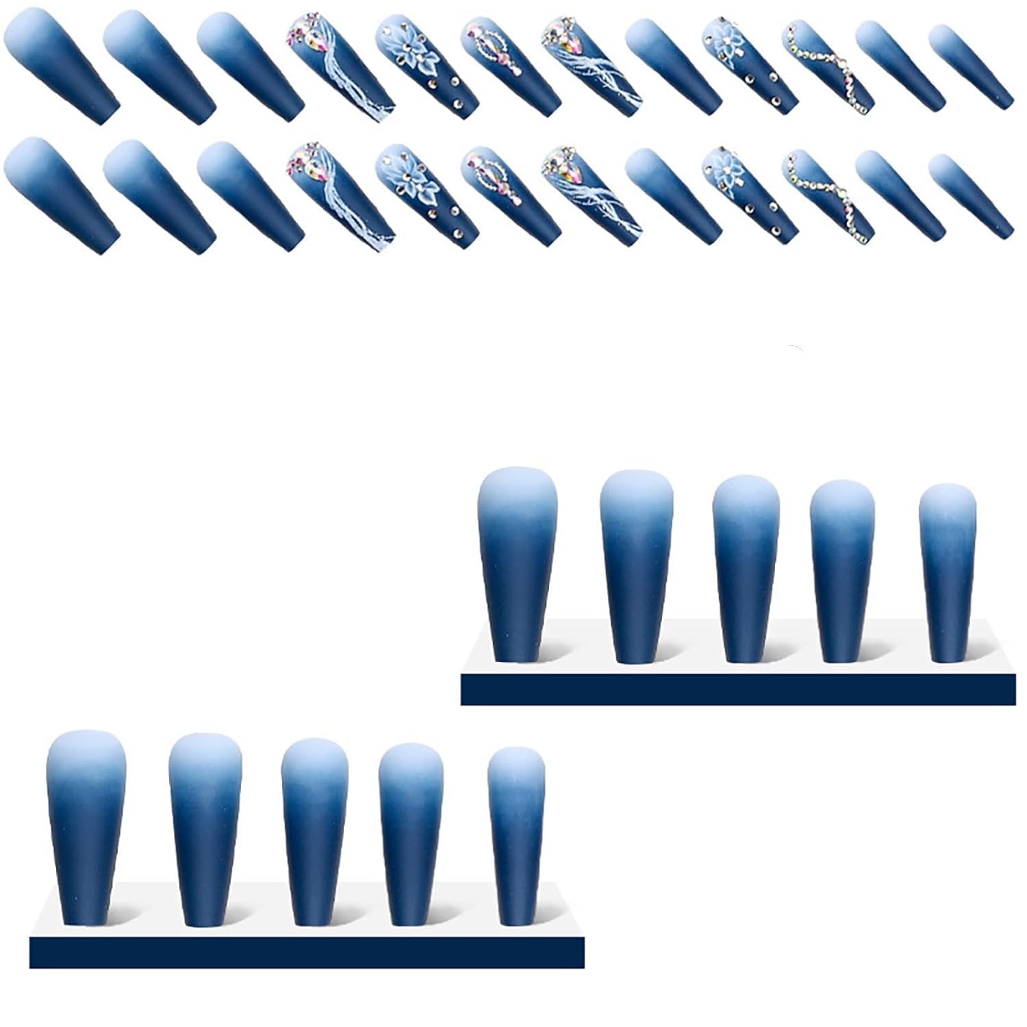 Blue Floral Rhinestone Long Coffin Press-On Nails Acrylic False Nails-Free Shipping