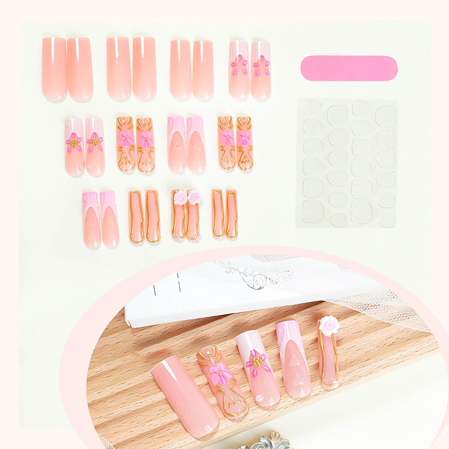 Floral Pearl Press-On Nails Long Square Coffin Acrylic Fake Nails - Free Shipping