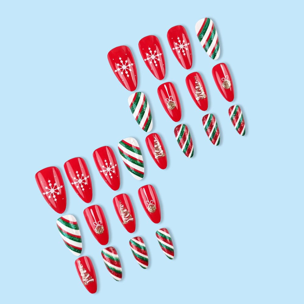 Christmas Snowflake Glitter Stripes Acrylic Press on Nails Fake Nails - Free Shipping
