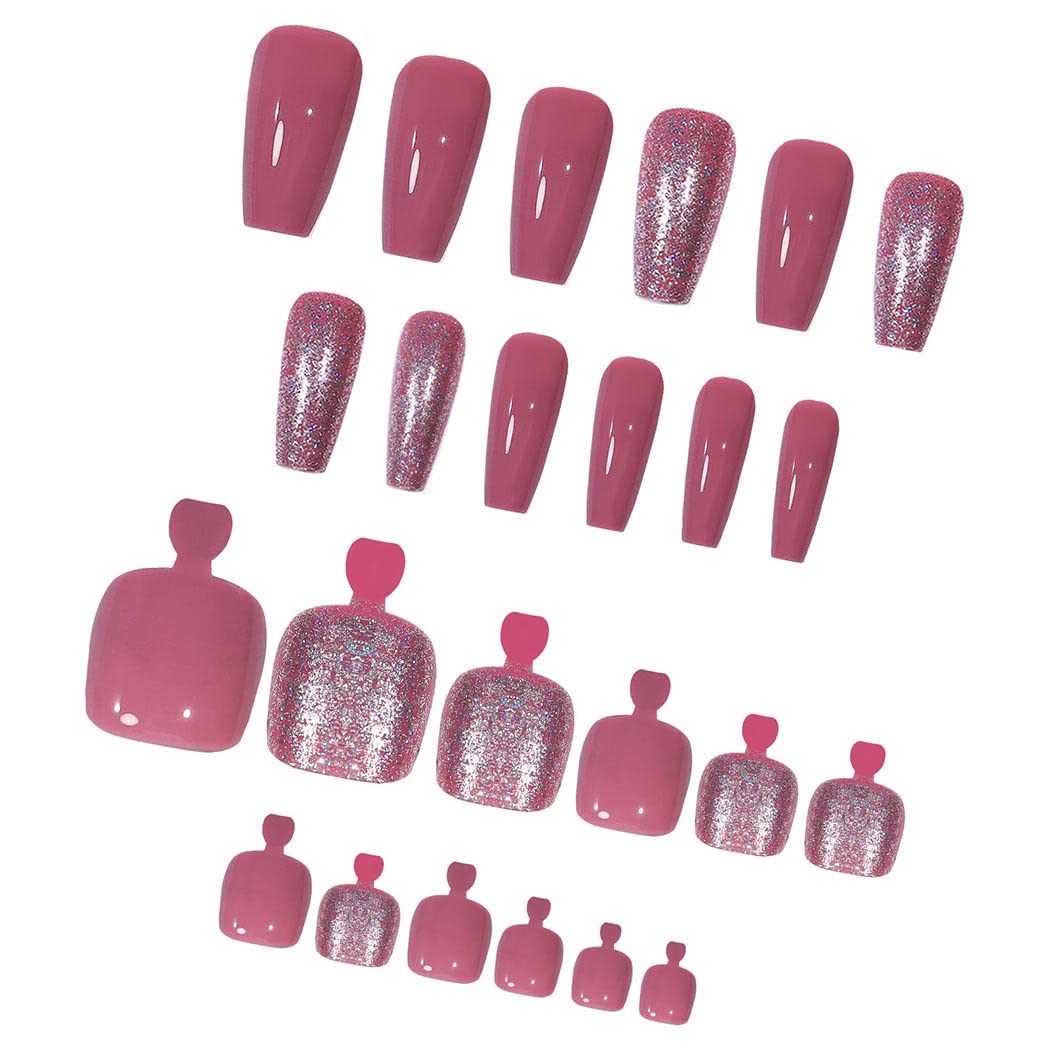 Stylish Pink Press-On Nail Set For Fingers And Toes, Shimmer And Glossy Finish-Free Shipping - Lady Luana Luxe Nails