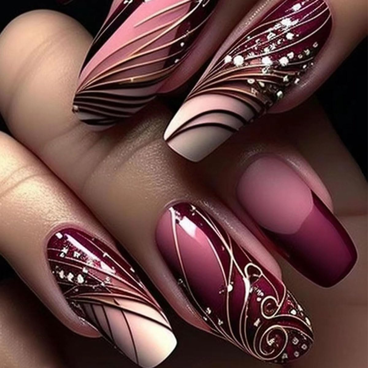 Elegant Autumn Press On Nails, Medium Square Shape, Full Cover with Pattern Design - Free Shipping