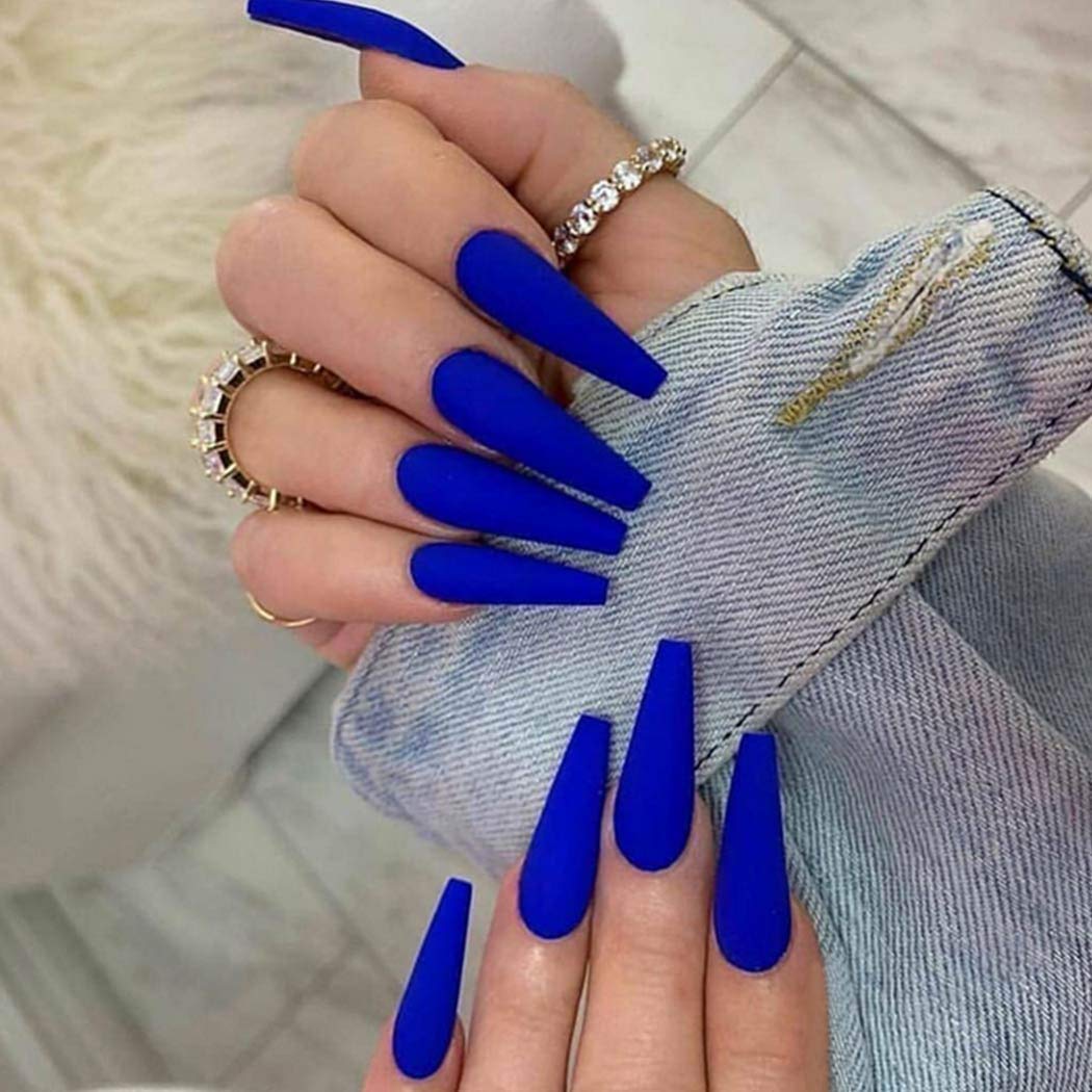 Blue Matte Long Coffin Press-On Nails Acrylic Full Cover Fake Nails – Free Shipping