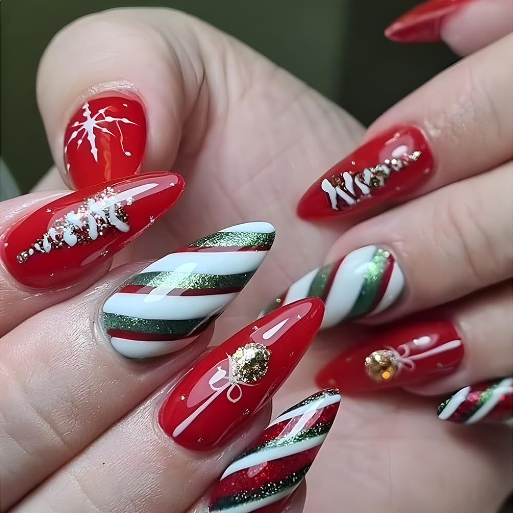 Christmas Snowflake Glitter Stripes Acrylic Press on Nails Fake Nails - Free Shipping