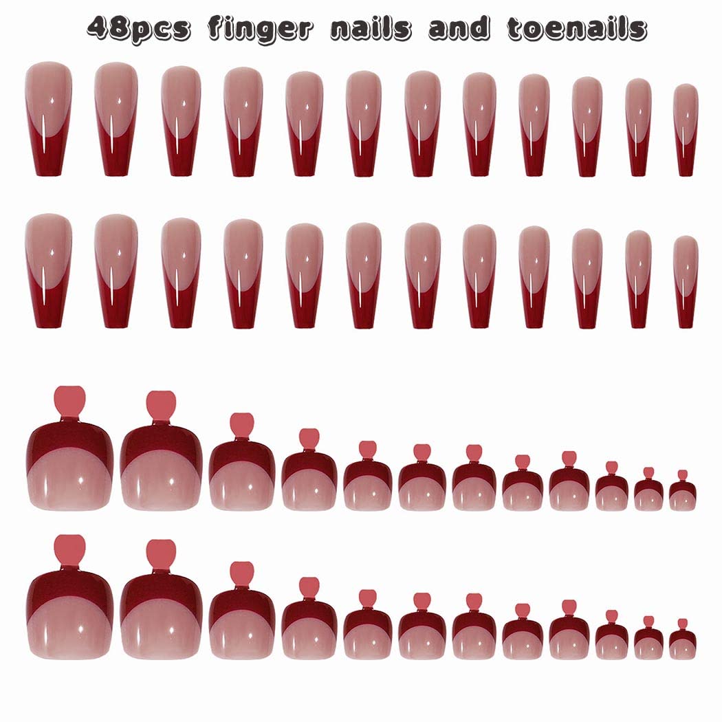 Red French Nude Press-On Nail Set For Fingers And Toes, Shimmer And Glossy Finish-Free Shipping - Lady Luana Luxe Nails