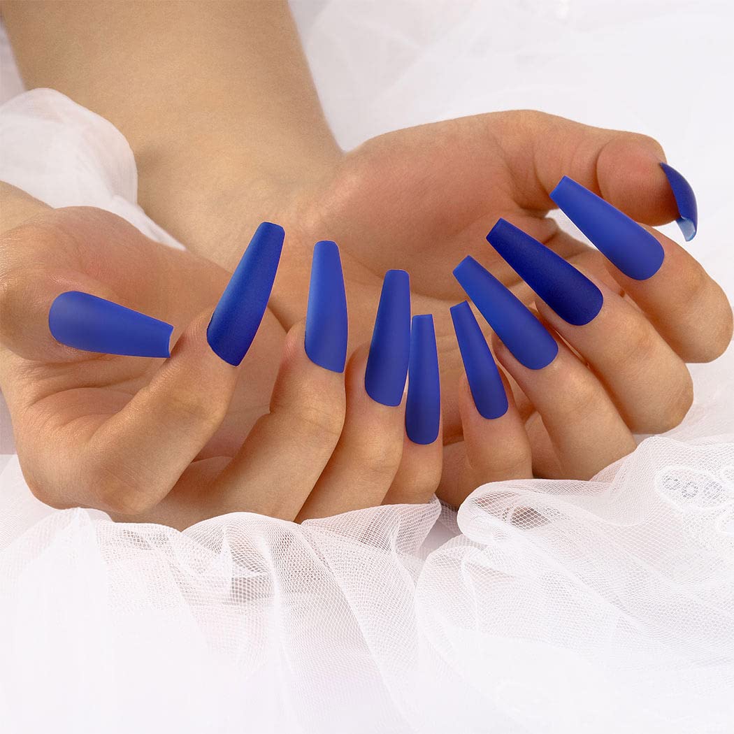 Blue Matte Long Coffin Press-On Nails Acrylic Full Cover Fake Nails – Free Shipping