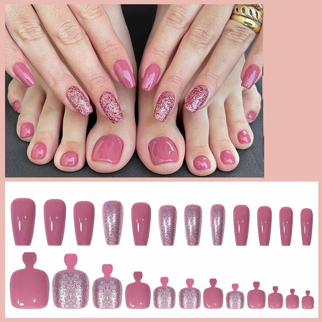 Stylish Pink Press-On Nail Set For Fingers And Toes, Shimmer And Glossy Finish-Free Shipping - Lady Luana Luxe Nails