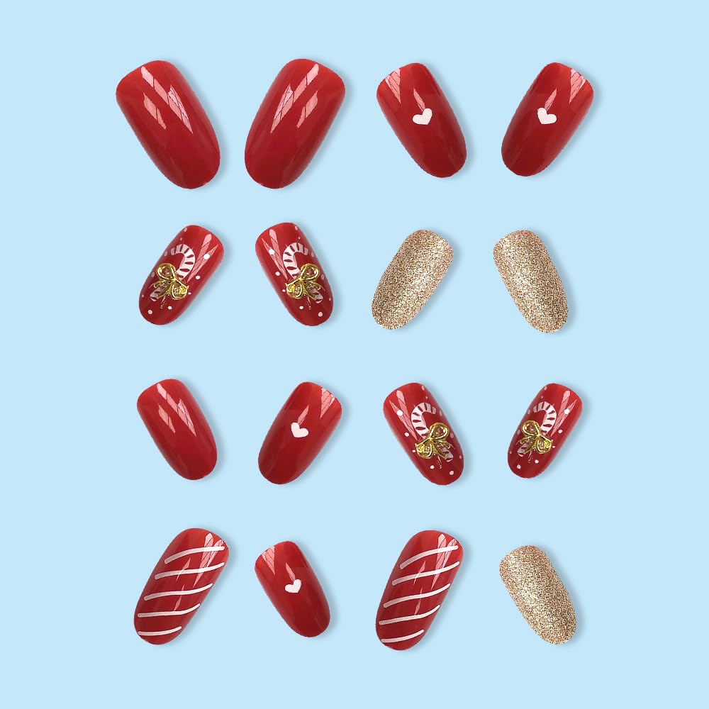 Festive Candy Cane Gold Bow Stripes Christmas Press-On Nails Acrylic False Nails - Free Shipping