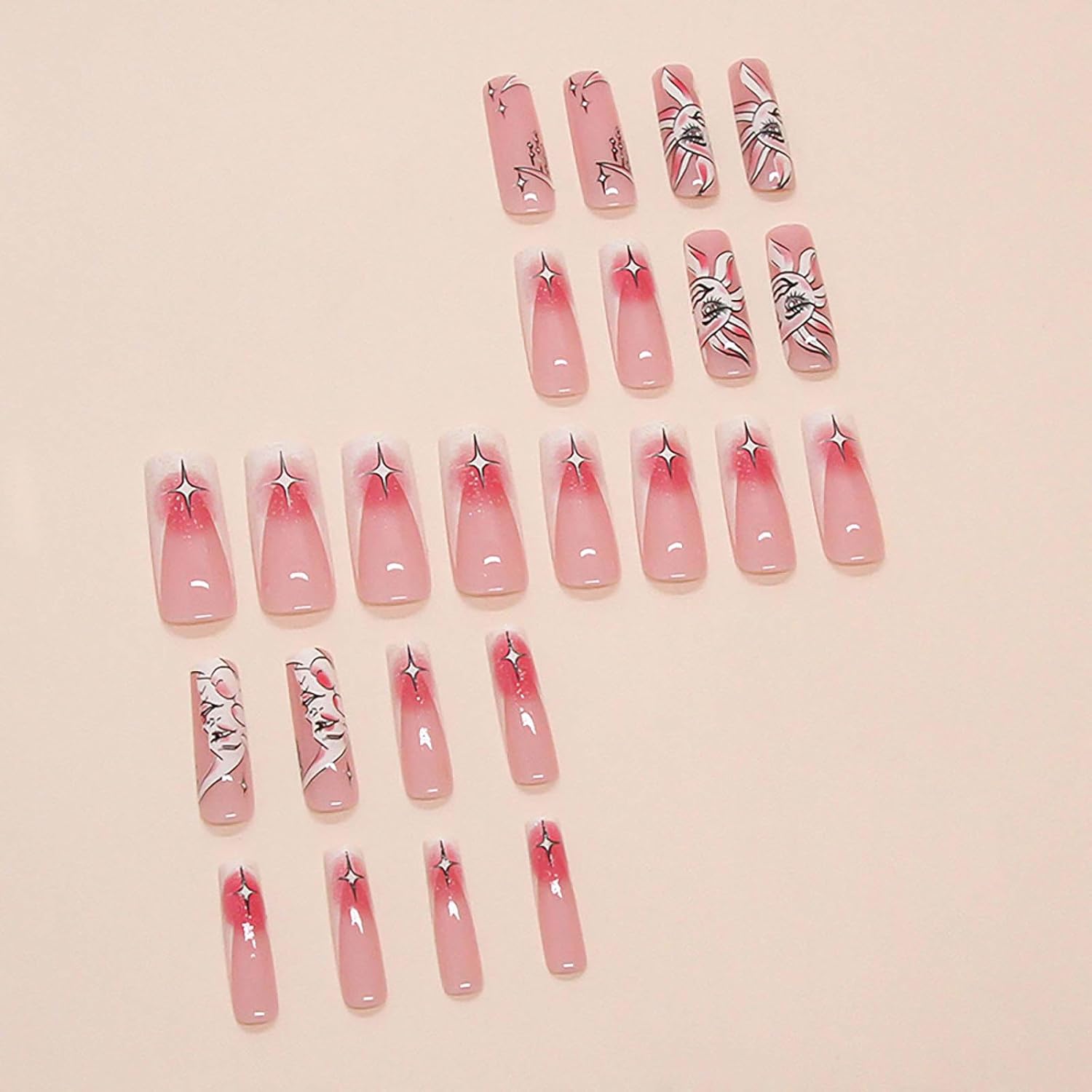 Stylish Moon Sun French Tip Press-On Nails, Long Coffin Acrylic Nails-Free Shipping