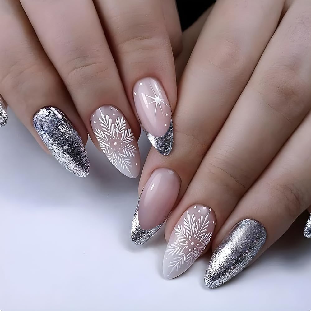 Winter Silver Glitter Snowflake French Christmas Press-On Nails Acrylic False Nails - Free Shipping