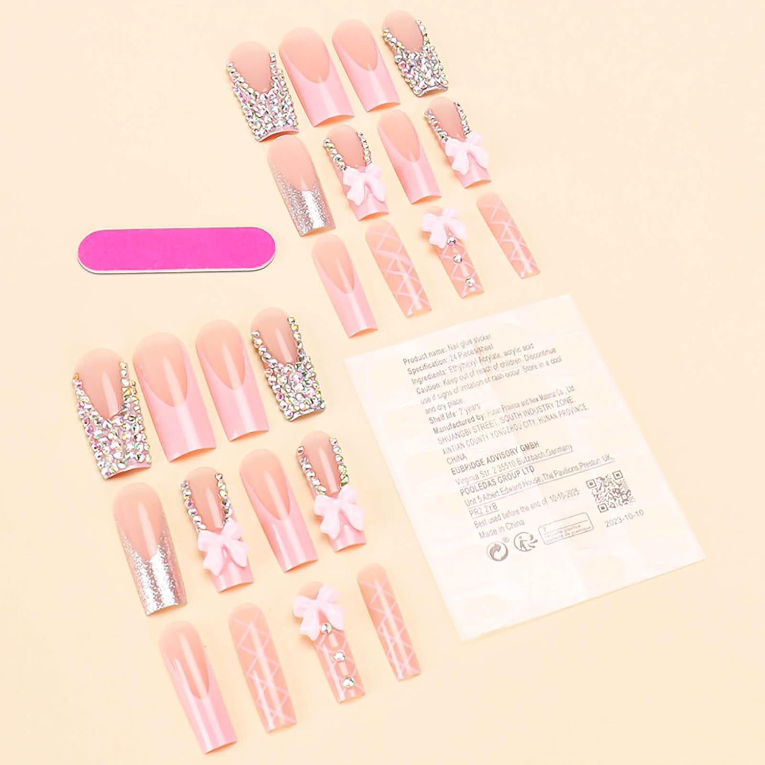 Chic Pink Bow and Rhinestone Coffin French Tip Press-On Nails Fake Nails-Free Shipping