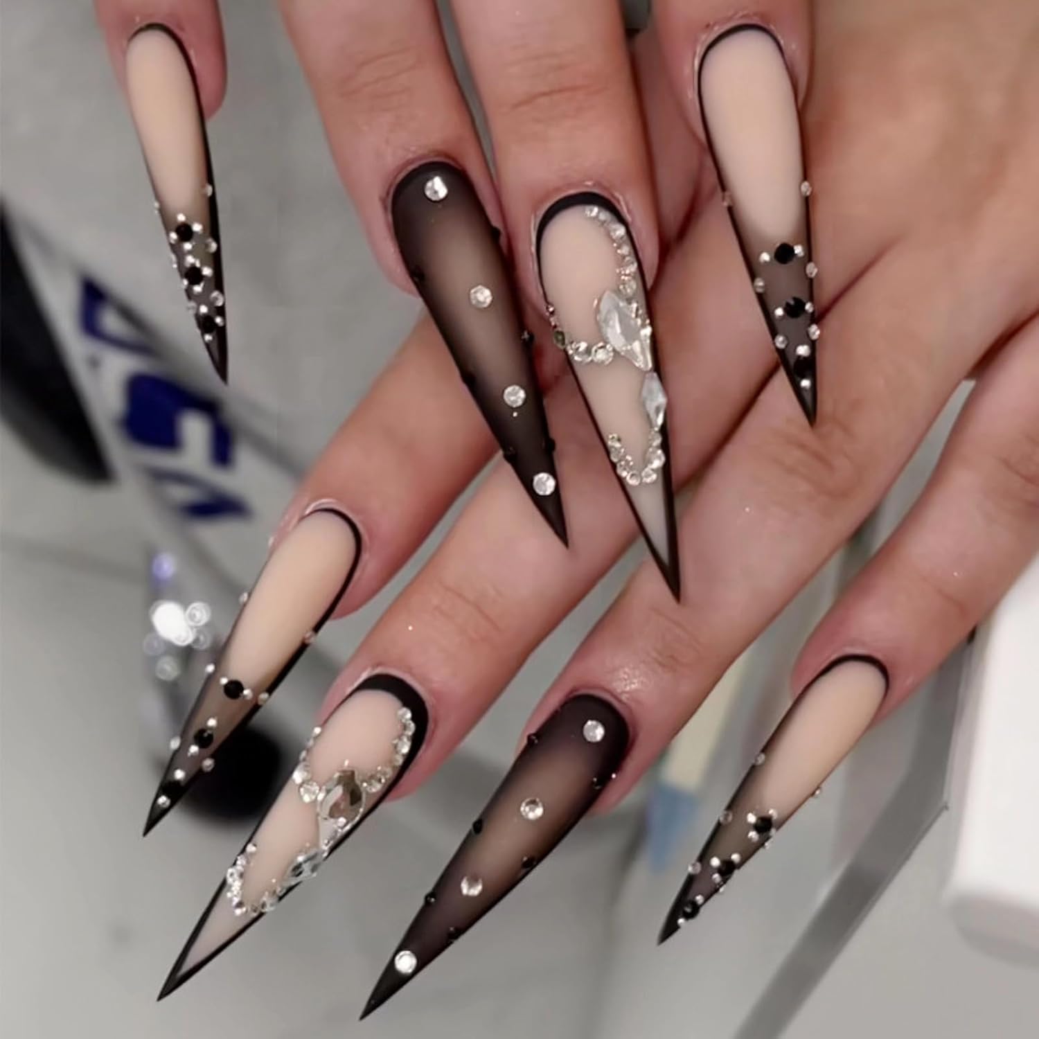 Black Matte Stiletto Rhinestone Press-On Nails Acrylic Fake Nails-Free Shipping