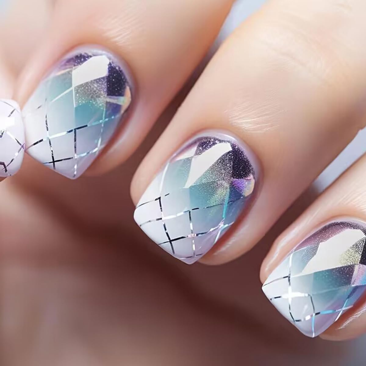 Abstract Plaid Ombre Press-On Nails Square Acrylic False Nails-Free Shipping