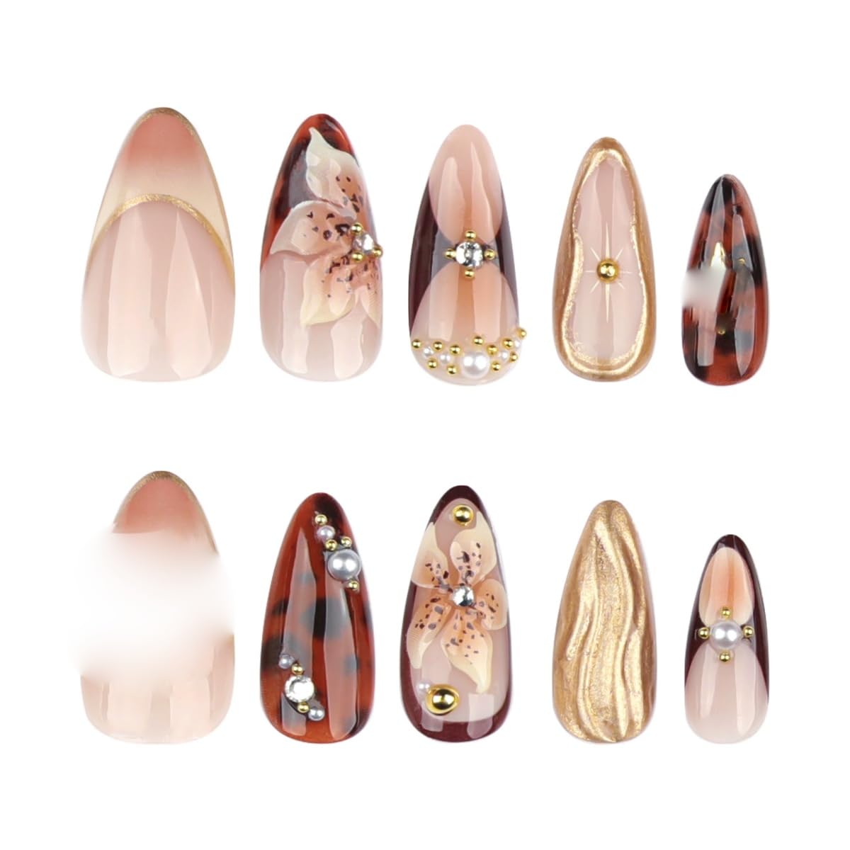 Press on Nails Almond Medium Fake Nails Brown Glue on Nails Flower Design Acrylic Nails 3D Gold Texture Manicure False nails 22 Pcs (Brown-3, M-3)