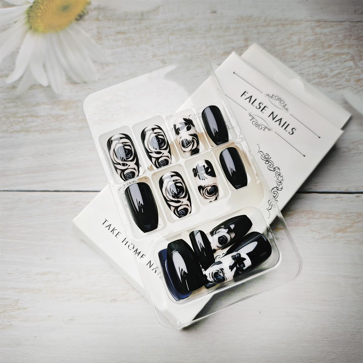 Black Rose Flower Press on Nails - 24 Pcs Medium Square Full Cover Fake Nails - Free Shipping