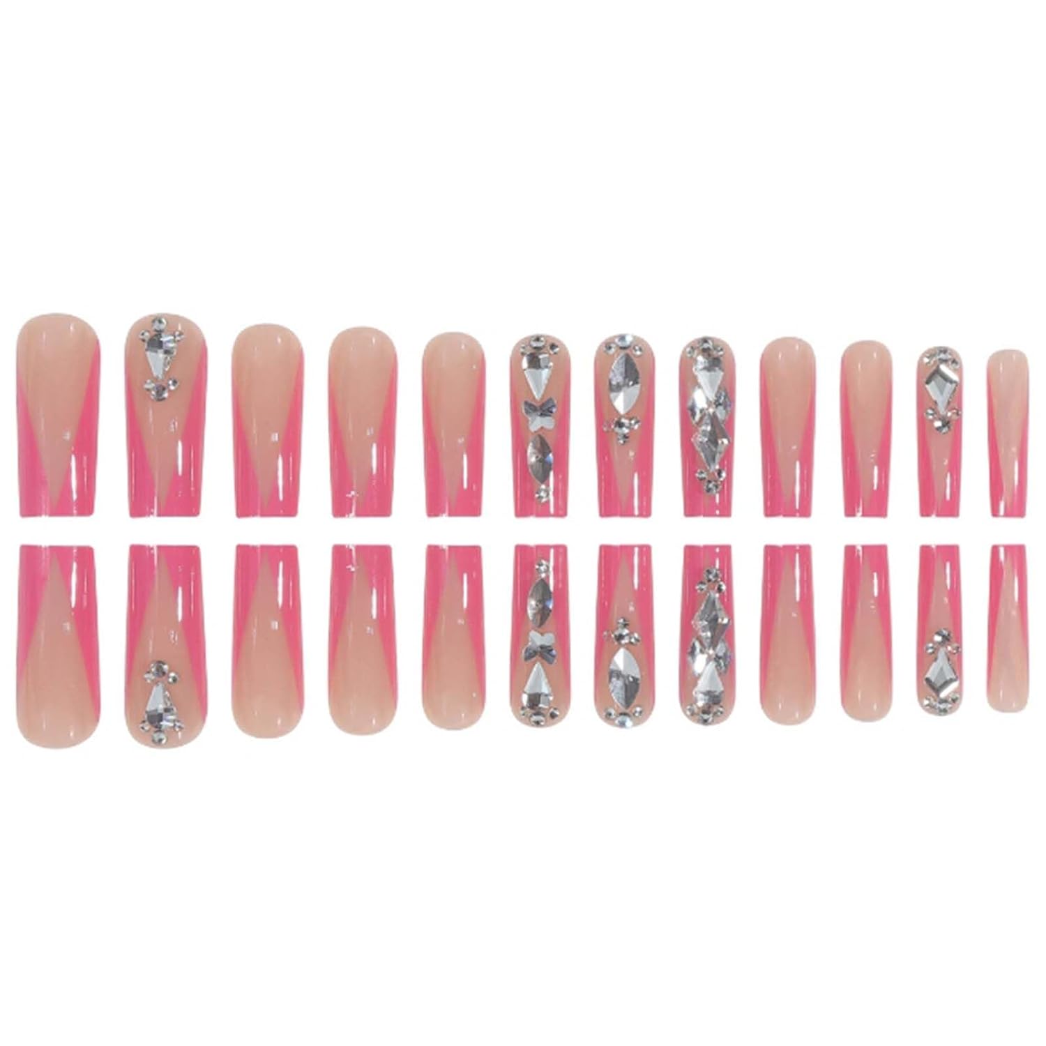 Pink Rhinestone Long Coffin Press-On Nails Acrylic False Nails – Free Shipping