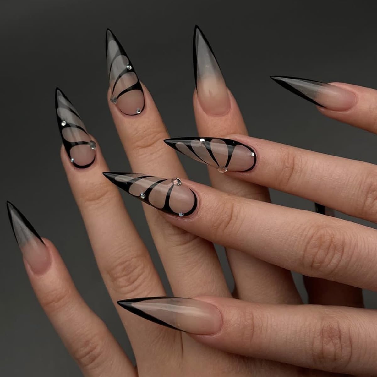 Stiletto Black Rhinestone Bare Press On Nails-Free Shipping - Lady Luana Luxe Nails
