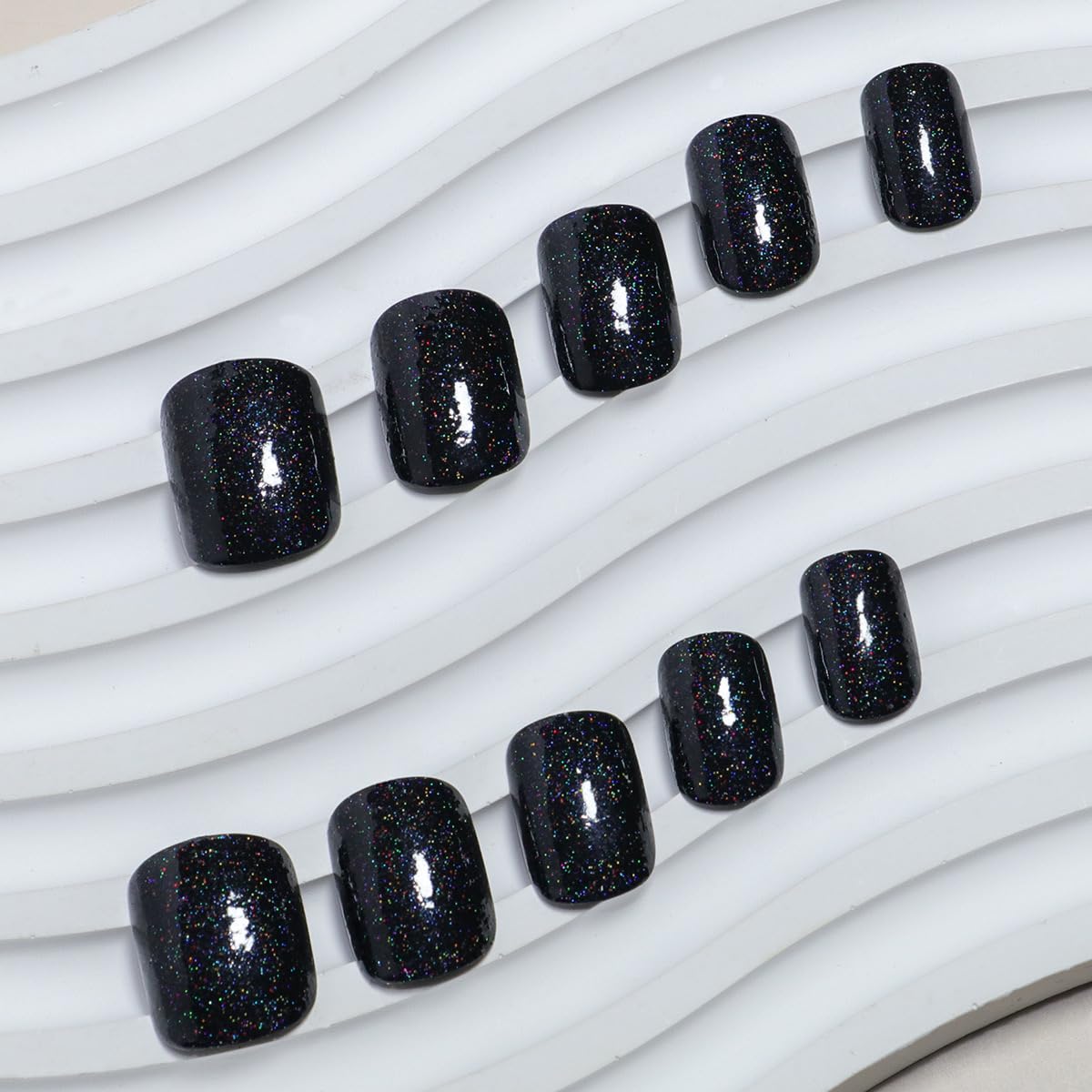 Black Shimmer Glossy Press-On Nails Square Acrylic Glitter False Nails – Free Shipping