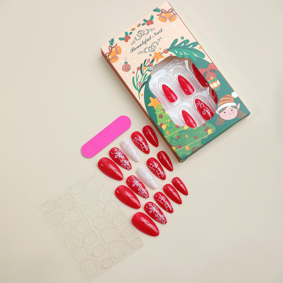 Festive Red White Snow Flake Glitter Christmas Press-On Nails Sparkling Acrylic Manicure-Free Shipping