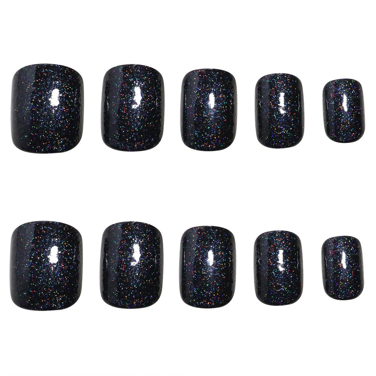 Black Shimmer Glossy Press-On Nails Square Acrylic Glitter False Nails – Free Shipping