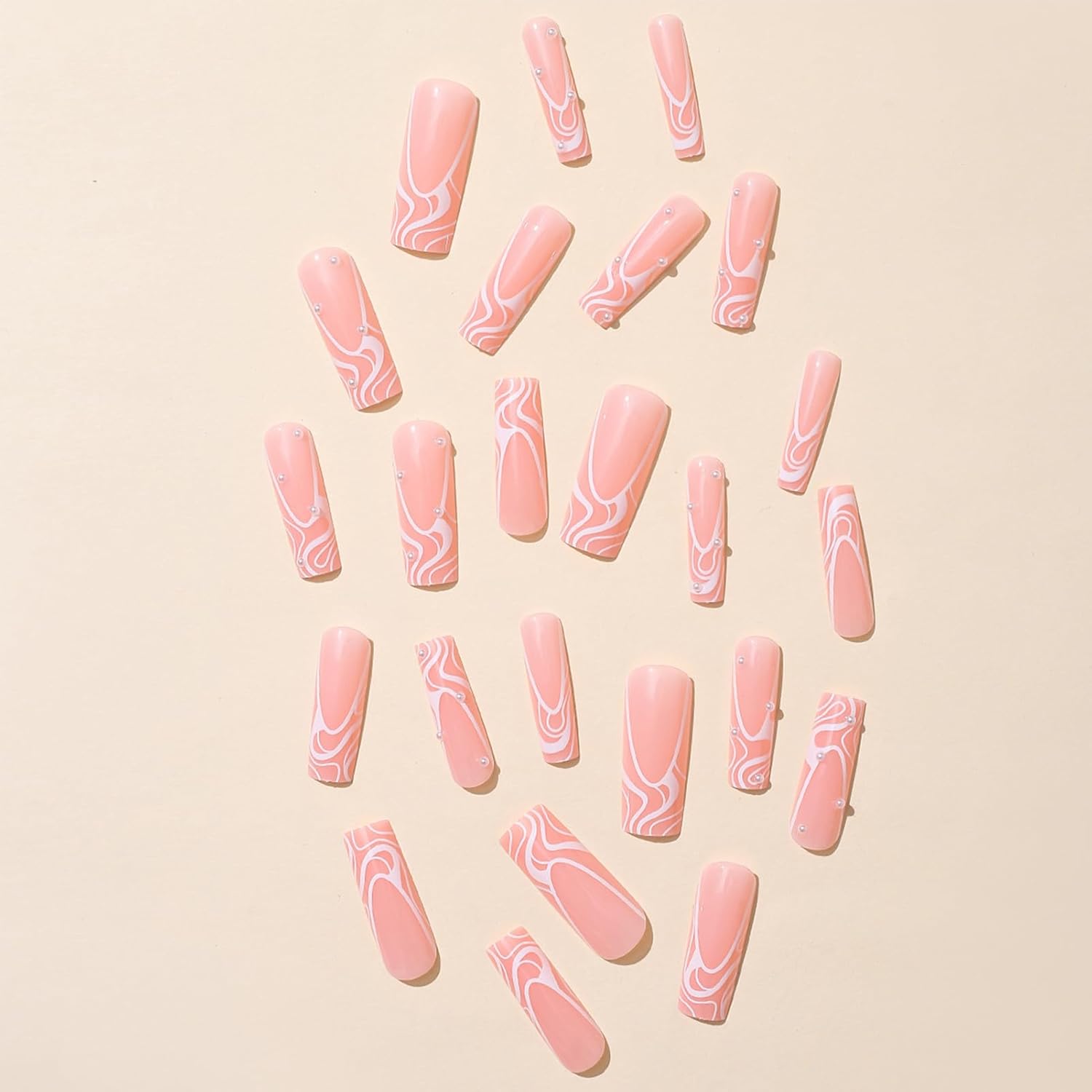 Abstract Swirl Rhinestone Long Coffin Press-On Nails Acrylic False Nails - Free Shipping