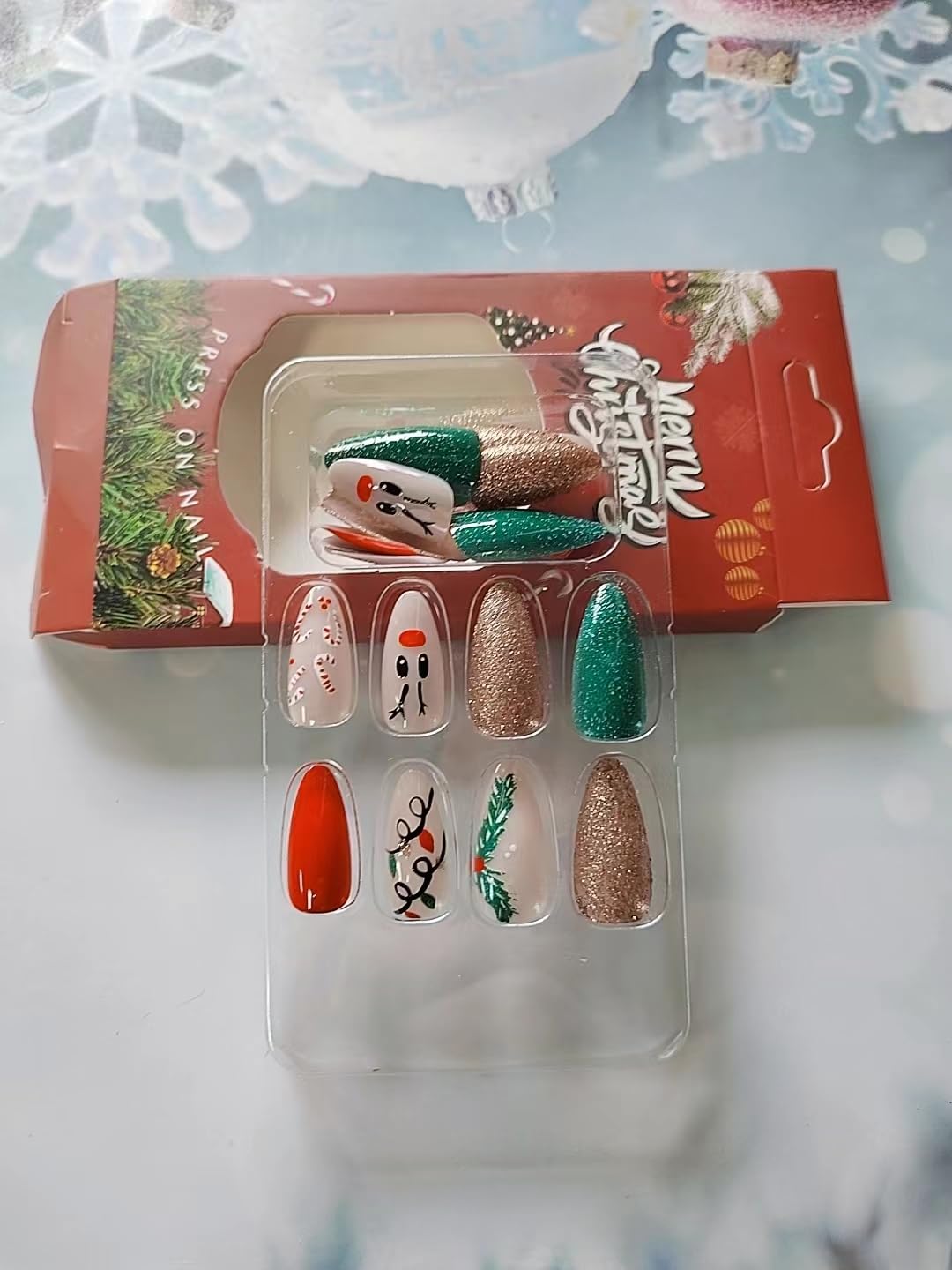 Red Nose Candy Cane Christmas Press-On Nails Medium Almond Acrylic Nails-Free Shipping