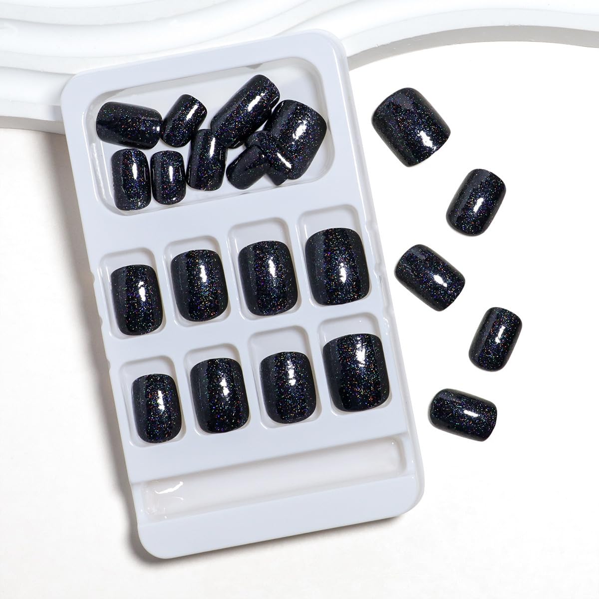 Black Shimmer Glossy Press-On Nails Square Acrylic Glitter False Nails – Free Shipping