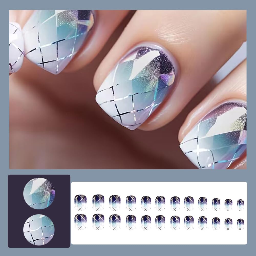 Abstract Plaid Ombre Press-On Nails Square Acrylic False Nails-Free Shipping