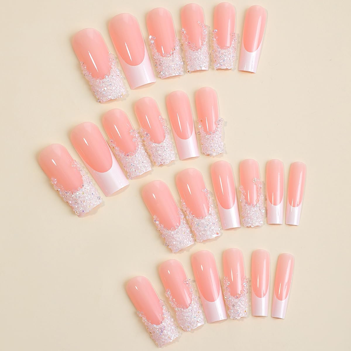 Sparkly French Rhinestone Long Coffin Press-On Nails Acrylic Fake Nails – Free Shipping