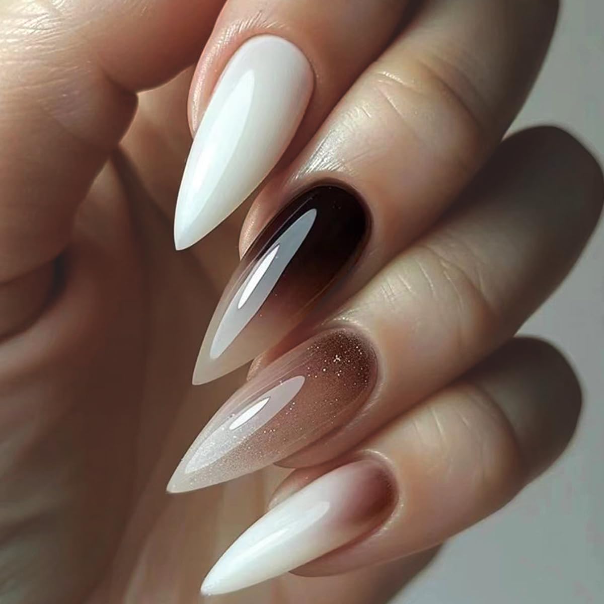 Stiletto Press on Nails White Brown Ombre Black - Lady Luana Luxe Nails
