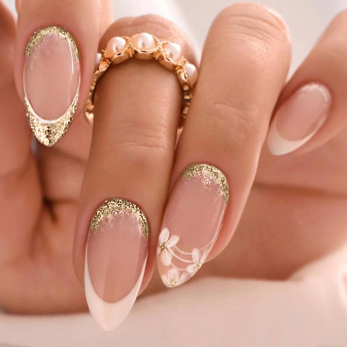 Elegant Gold Glitter Almond French Tip Press-On Fake Nails- Free Shipping