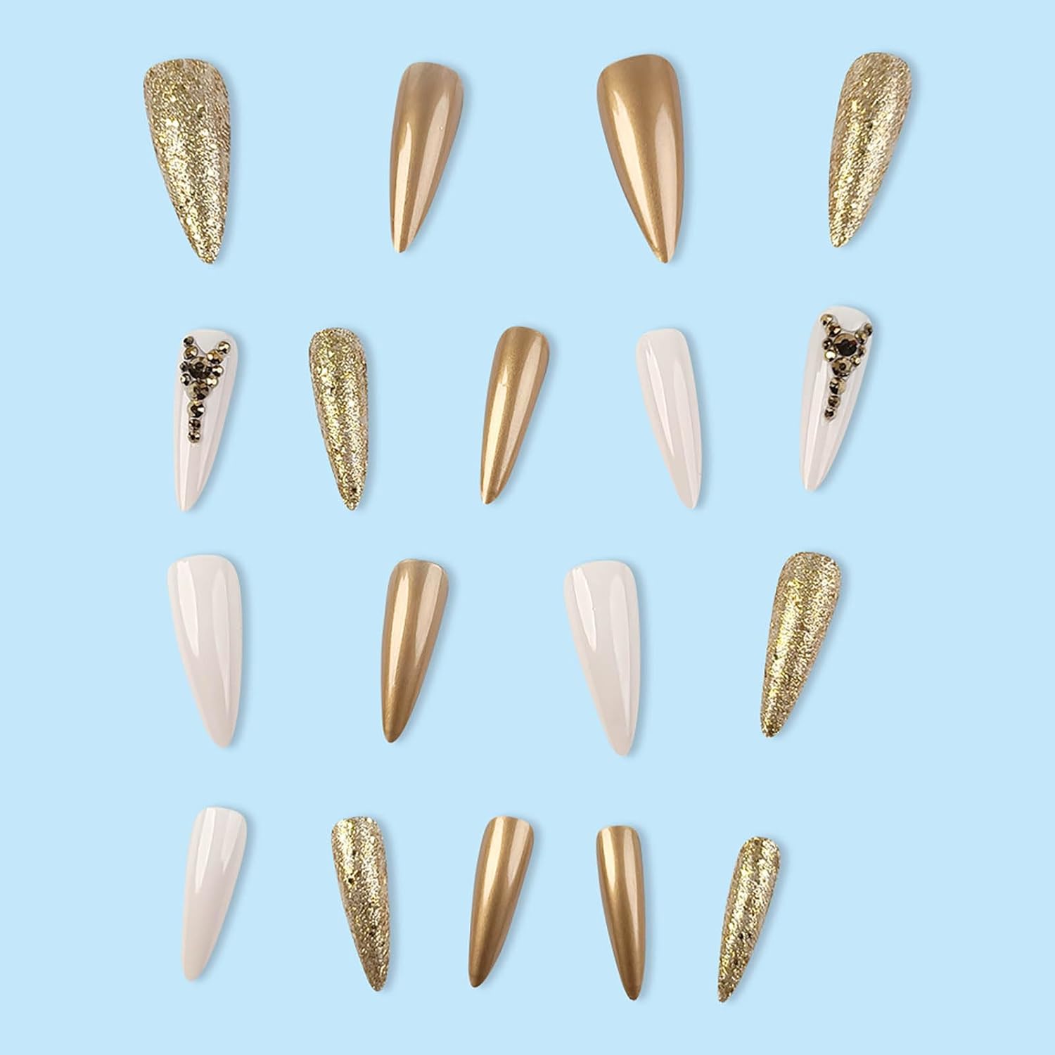 Gold Rhinestones Glitter Stiletto Press-On Nails Acrylic Nails - Free Shipping
