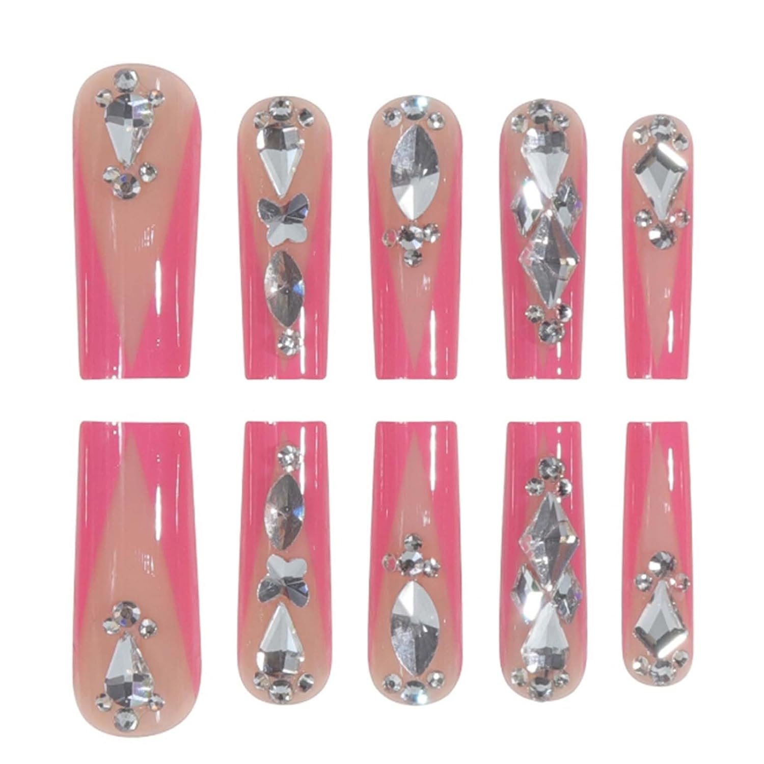 Pink Rhinestone Long Coffin Press-On Nails Acrylic False Nails – Free Shipping