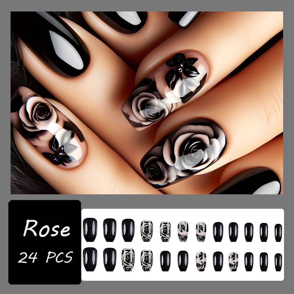 Black Rose Flower Press on Nails - 24 Pcs Medium Square Full Cover Fake Nails - Free Shipping