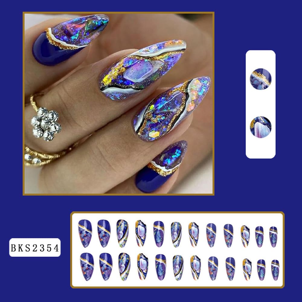 Gold Foil Almond Press-On Fake Nails – 24Pcs Glossy Star Sky Design-Free Shipping